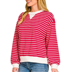 Zenana Oversized Sweatshirt Gestreift Rubinrot Geripptes Weißes Band Langarm-Oberteil