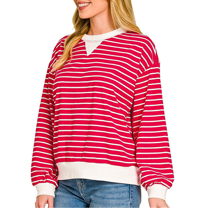 Zenana Oversized Sweatshirt Striped Ruby Red Ribbed White Band Long Sleeve Top