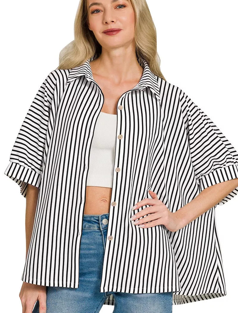 Zenana Oversized Top Black Stripe Button Up Shirt Women’s Casual Woven - Styleinger