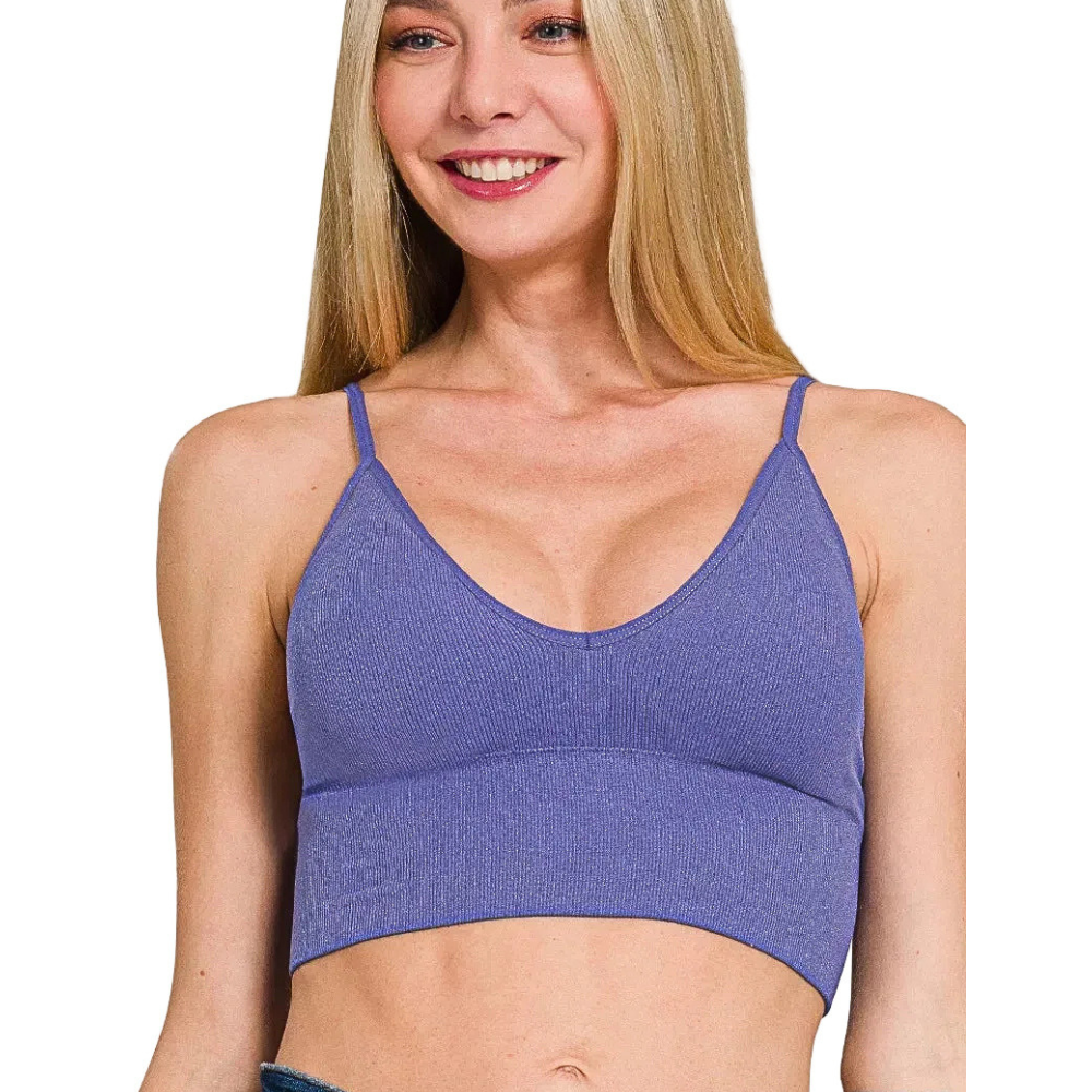 Zenana Padded V-Neck Bra Top Ribbed Seamless Crop Casual Removable Pads