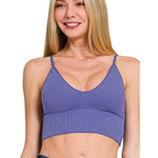 Zenana Padded V-Neck Bra Top Ribbed Seamless Crop Casual Removable Pads