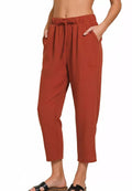Zenana Pants Woven Crepe Elastic Band Waist Women’s Wide Leg Casual Trousers Rust - Styleinger