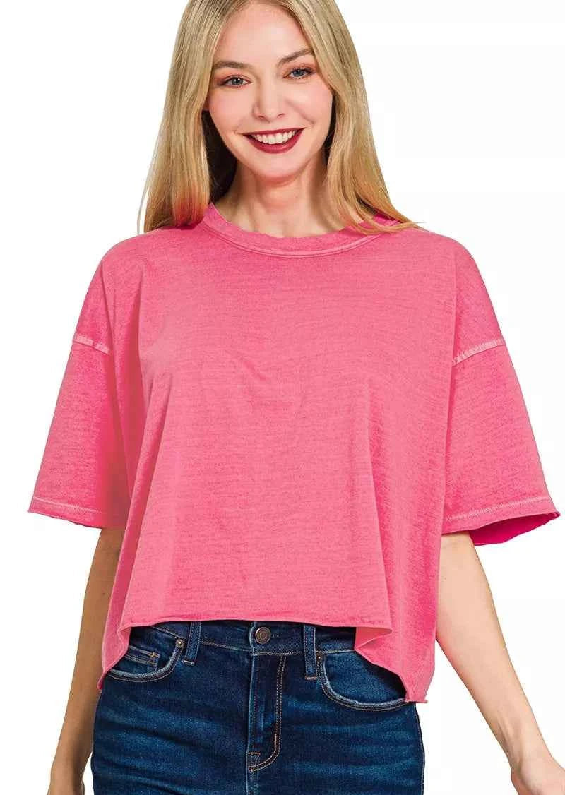 Zenana Pigment Dye Enzyme Washed Oversized Crop Box Tee Women Casual Top