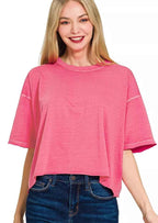 Zenana Pigment Dye Enzyme Washed Oversized Crop Box Tee Women Casual Top