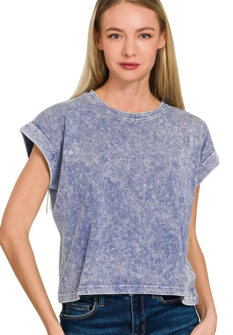 Zenana Halo Washed Cotton Cuffed Short Sleeve Top