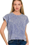 Zenana Halo Washed Cotton Cuffed Short Sleeve Top
