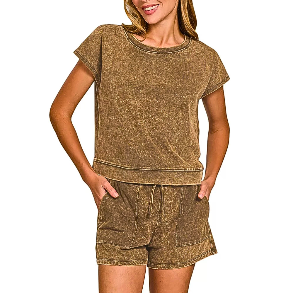 Zenana Premium Casual Set Cotton Washed Brown Short Sleeve T-shirt Top & Shorts