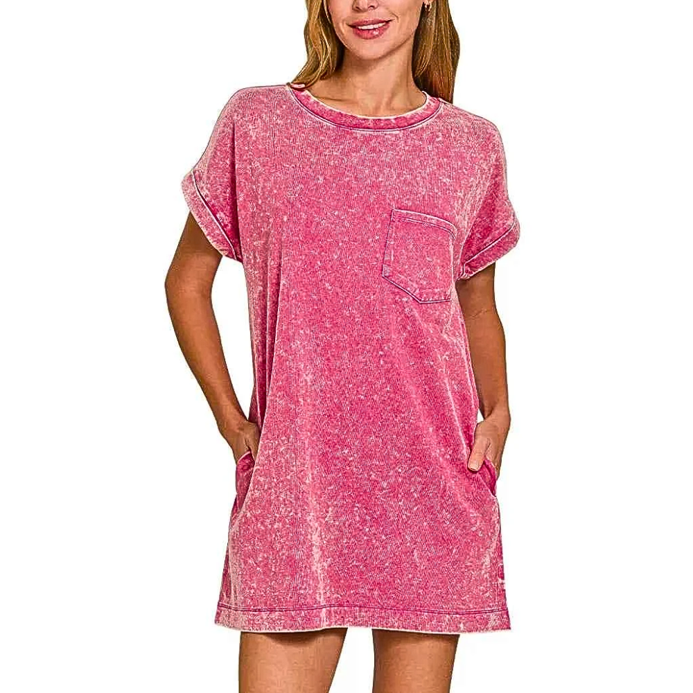 Zenana Premium Casual T-Shirt Dress Ash Pink Cotton Washed Short Sleeve Pocketed