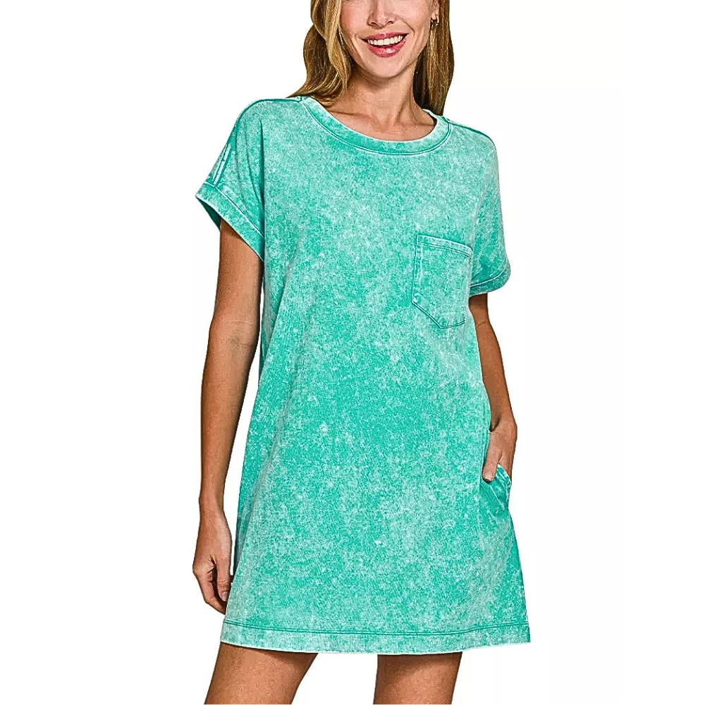 Zenana Premium Casual T-Shirt Dress Turquoise Cotton Washed Short Sleeve Pocket
