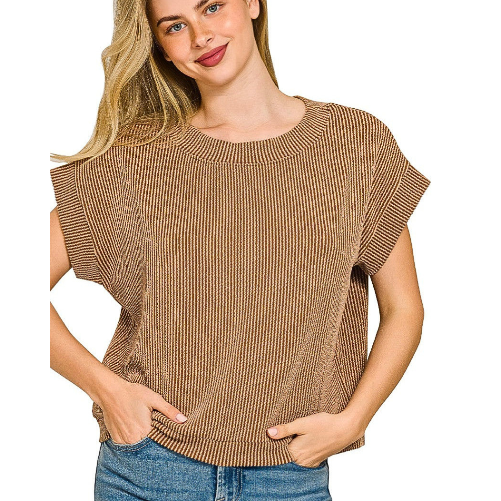 Zenana Raised Rib Blouse Brown Round Neck Short Cap Sleeve Casual Knit Top