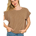 Zenana Raised Rib Blouse Brown Round Neck Short Cap Sleeve Casual Knit Top