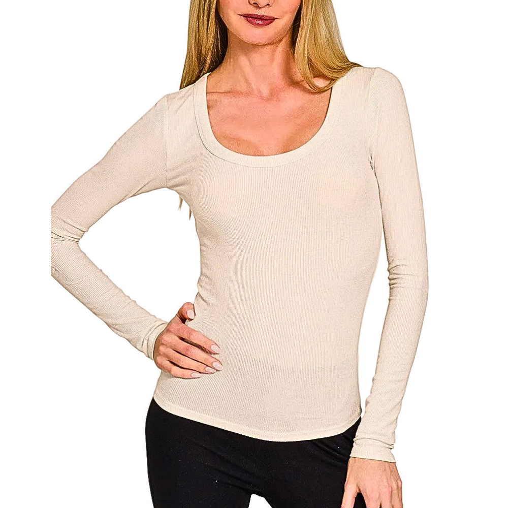 Zenana Ribbed Knit T-Shirt Basic Beige Scoop Neck Long Sleeve Casual Slim Blouse
