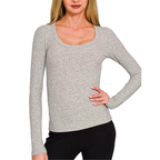 Zenana Ribbed Knit T-Shirt Basic Gray Scoop Neck Long Sleeve Casual Slim Blouse Top