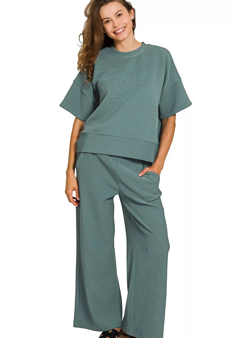 Zenana Ribbed Round Neck Tee & Pants Set