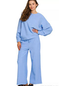 Zenana Ribbed Set Blue Round Neck Pullover and Drawstring Pants CORNFLOWER BLUE Zenana_Ribbed_Set_Blue_Round_Neck_Pullover_and_Drawstring_Pants Trendsi