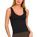 Zenana Ribbed Tank Top Seamless V-Neck Black with Padded Bra Slim Comfort Blouse