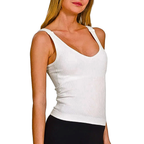 Zenana Ribbed Tank Top Seamless V-Neck White with Padded Bra Slim Comfort Blouse