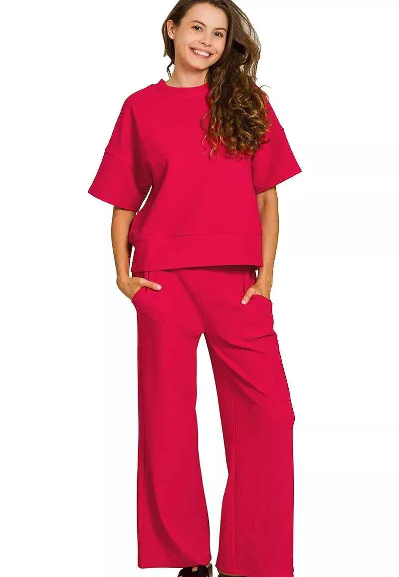 Zenana Ribbed Tee & Pants Set Women’s Two-Piece Lounge Outfit