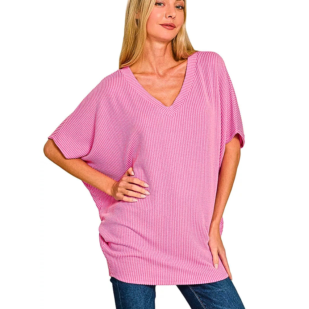 Zenana Ribbed Texture Knit Blouse Pink V-Neck Batwing Short Sleeve Casual Top