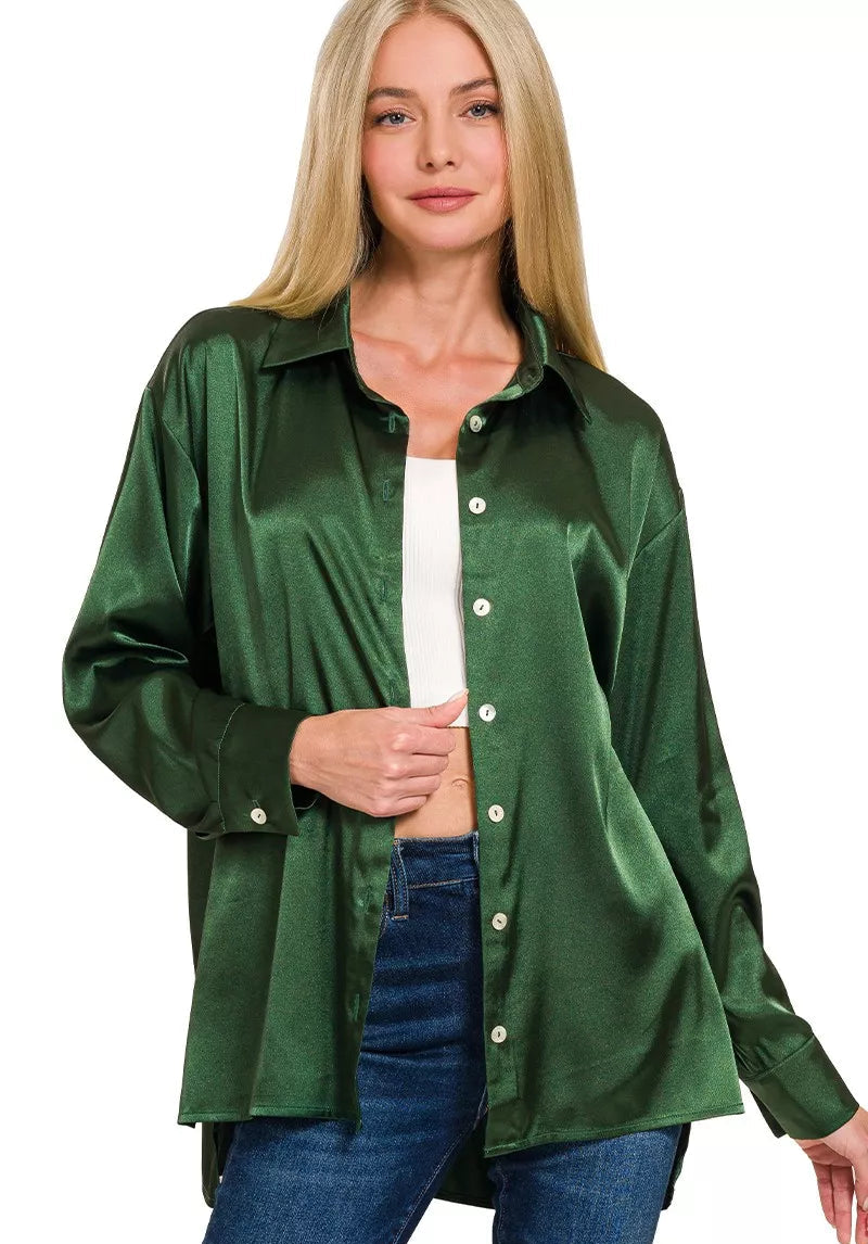 Zenana Satin Button Up Womens Shirt Green Long Sleeve Top Zenana_Satin_Button_Up_Womens_Shirt_Green_Long_Sleeve_Top Trendsi