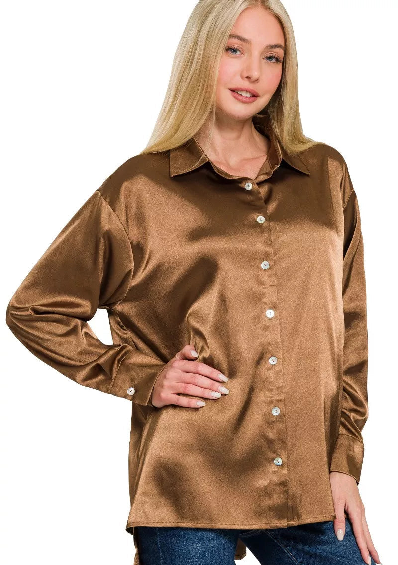 Zenana Satin Shirt Brown Button Up Long Sleeve Womens Top DEEP CAMEL Zenana_Satin_Shirt_Brown_Button_Up_Long_Sleeve_Womens_Top Trendsi