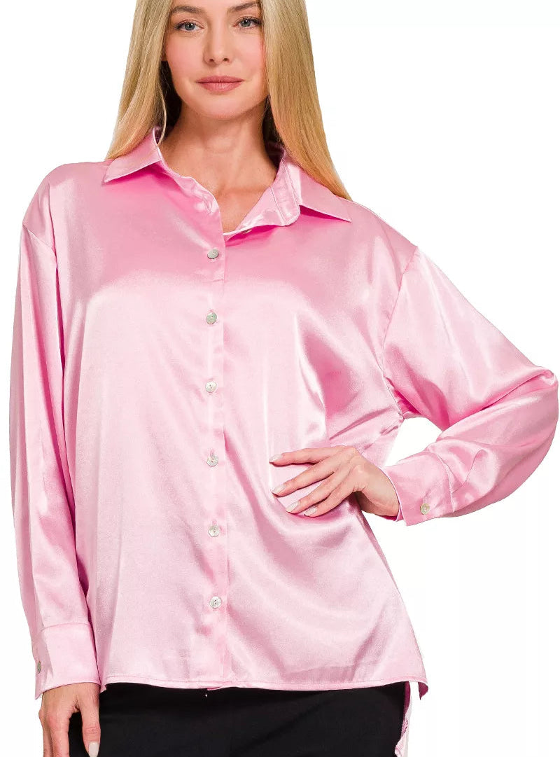 Zenana Satin Shirt Pink Long Sleeve Womens Button Up Top PINK Zenana_Satin_Shirt_Pink_Long_Sleeve_Womens_Button_Up_Top Trendsi