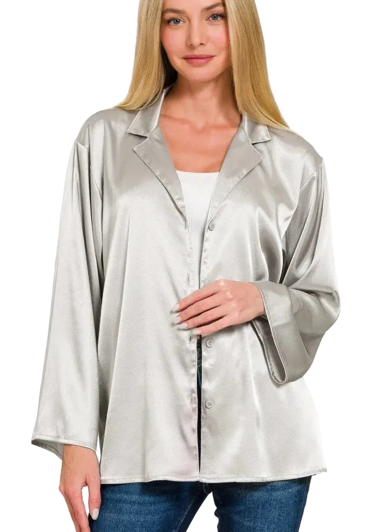 Zenana Satin Silver Shirt Women’s Long Sleeve Blouse Elegant Casual Top - Styleinger