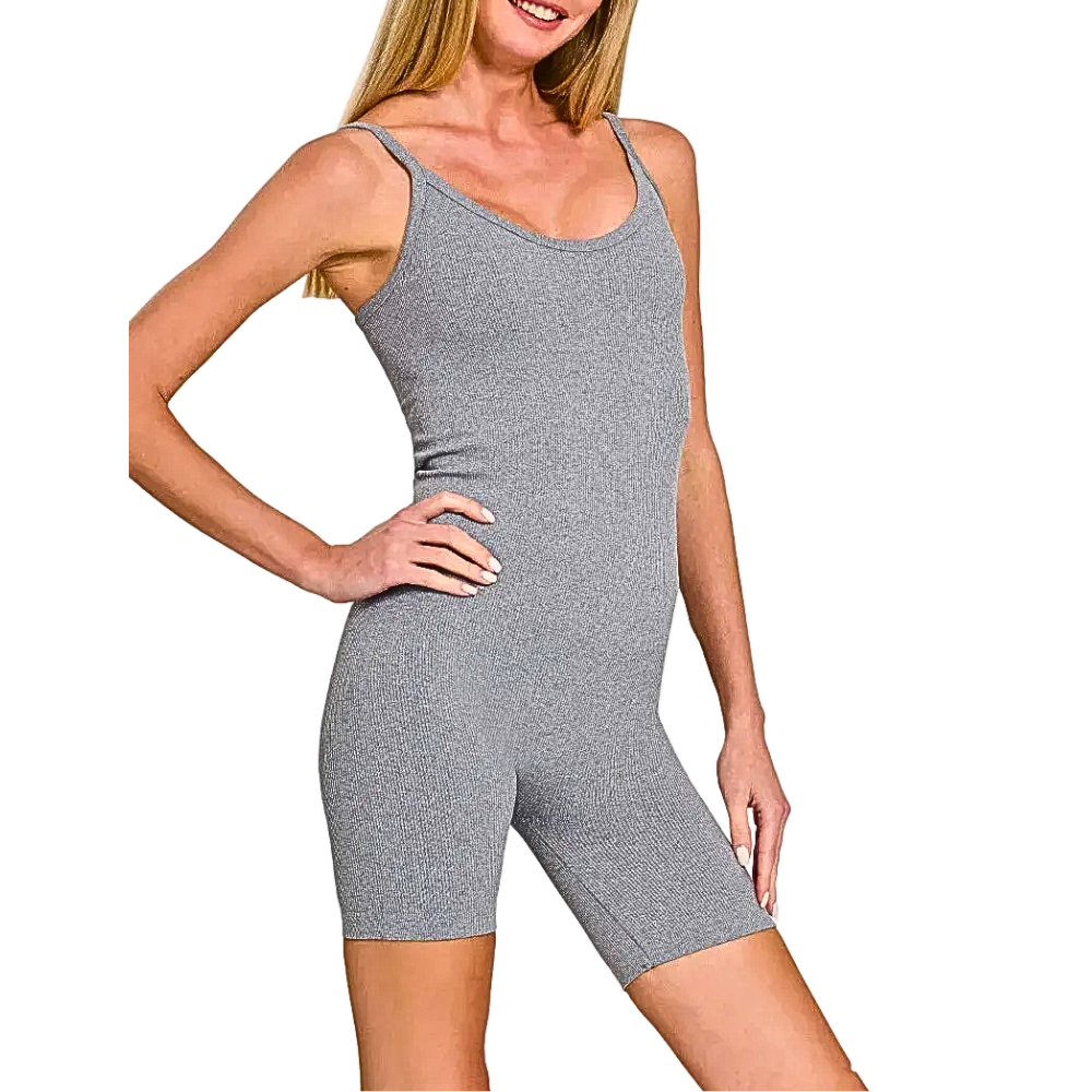Zenana Seamless Bodysuit Gray V-Neck Ribbed Sleeveless Romper One Piece Jumpsuit