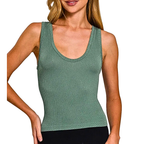 Zenana Seamless Crop Tank Top Ribbed Sqoop Neck Ash Jade Stretchy Comfort