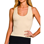 Zenana Seamless Crop Tank Top Ribbed Sqoop Neck Sand Beige Stretchy Comfort