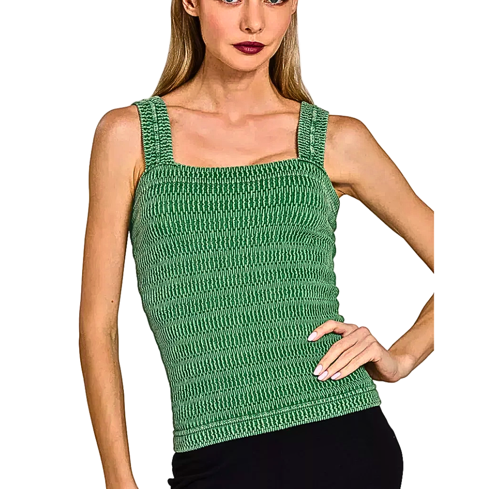 Zenana Seamless Tank Top Green Ruched Stone Washed Ribbed Sleevless Blouse
