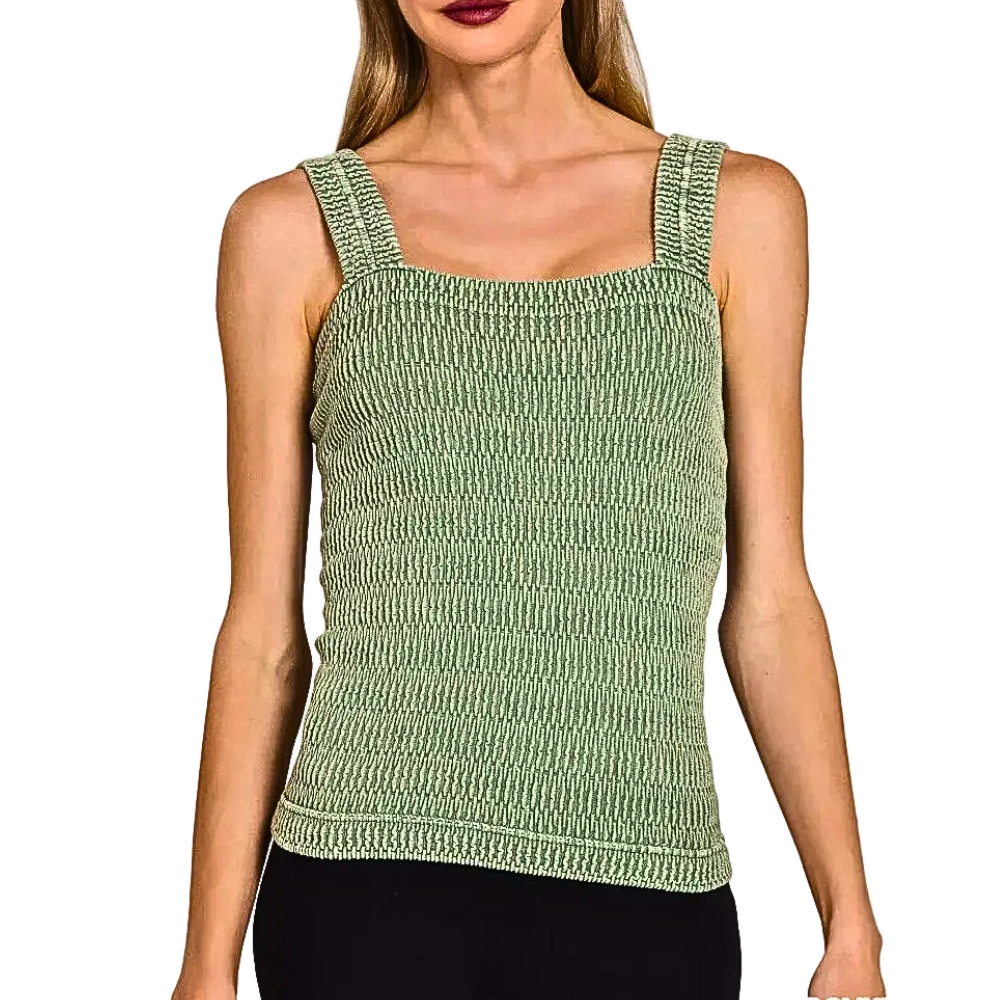 Zenana Seamless Tank Top Olive Green Winkle Stone Washed Ribbed Sleevless Blouse