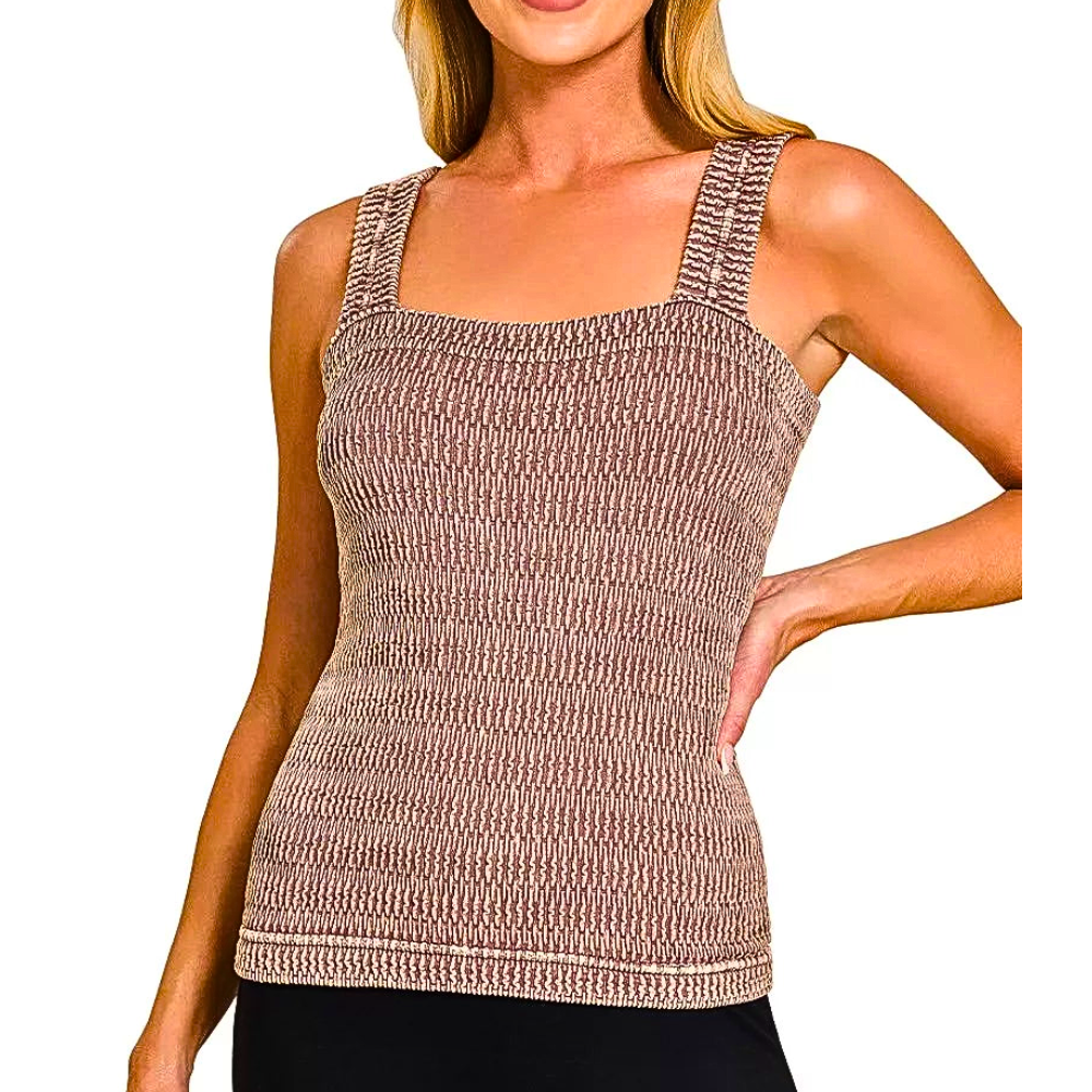 Zenana Seamless Tank Top Square Neck Washed Ribbed Knit Stretch Casual Blouse