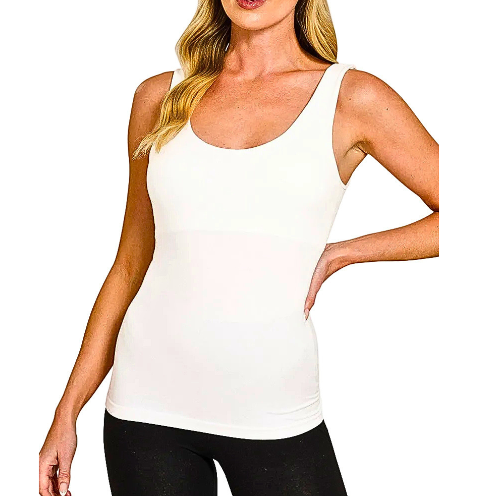 Zenana Seamless Tank Top White Stretch Sleeveless Built-In Bra Basic Blouse