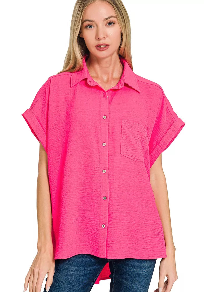Zenana Shirt Hot Pink Woven Airflow Short Sleeve Top with Pocket