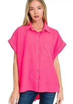 Zenana Shirt Hot Pink Woven Airflow Short Sleeve Top with Pocket