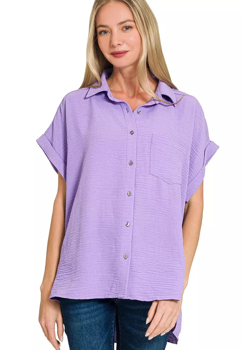 Zenana Shirt Lavender Woven Airflow Short Sleeve Top with Pocket