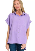 Zenana Shirt Lavender Woven Airflow Short Sleeve Top with Pocket