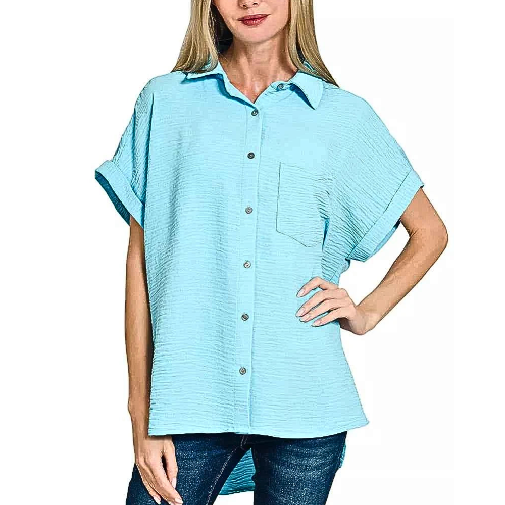 Zenana Shirt Woven Airflow Sky Blue Short Sleeve Button-up Casual Top Front Pocket