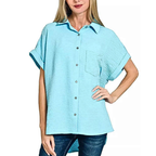 Zenana Shirt Woven Airflow Sky Blue Short Sleeve Button-up Casual Top Front Pocket
