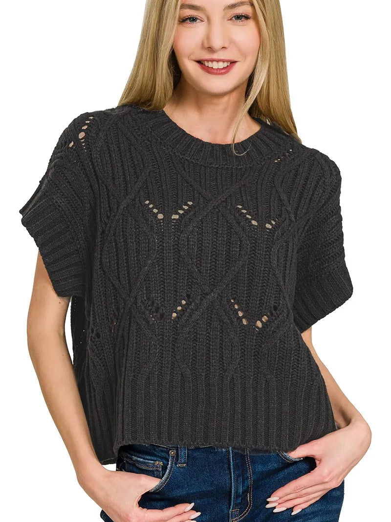 Zenana Short Sleeve Sweater Women’s Black Cable Knit Pullover Casual Top - Styleinger
