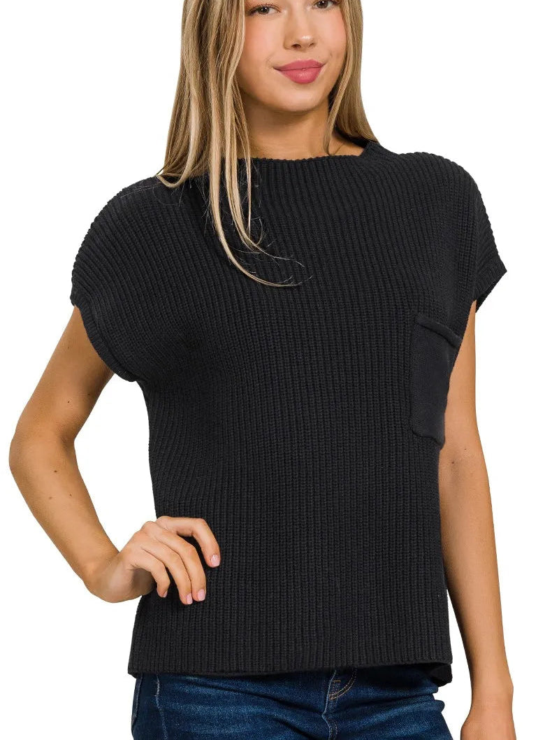 Zenana Short Sleeve Sweater Women’s Black Mock Neck Knit Top Cropped Pullover - Styleinger