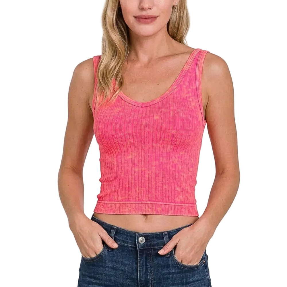 Zenana Sleeveless Crop Tank Top V-Neck Seamless Pink Washed Rib Casual