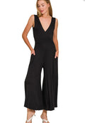 Zenana Sleeveless Jumpsuit Black Surplice Neckline Women’s Wide Leg Ankle Romper - Styleinger