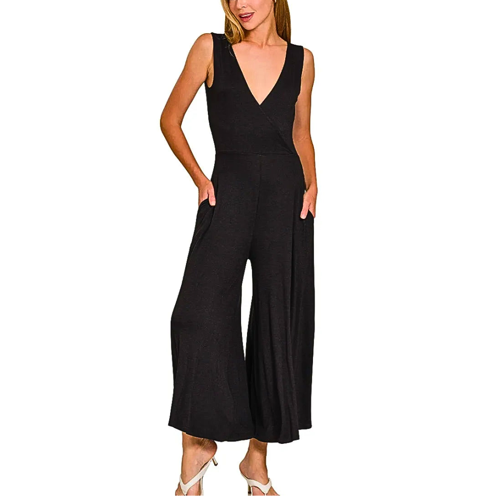 Zenana Sleeveless Jumpsuit V-neck Black Ruffle Wide Leg Crop Romper with Pockets