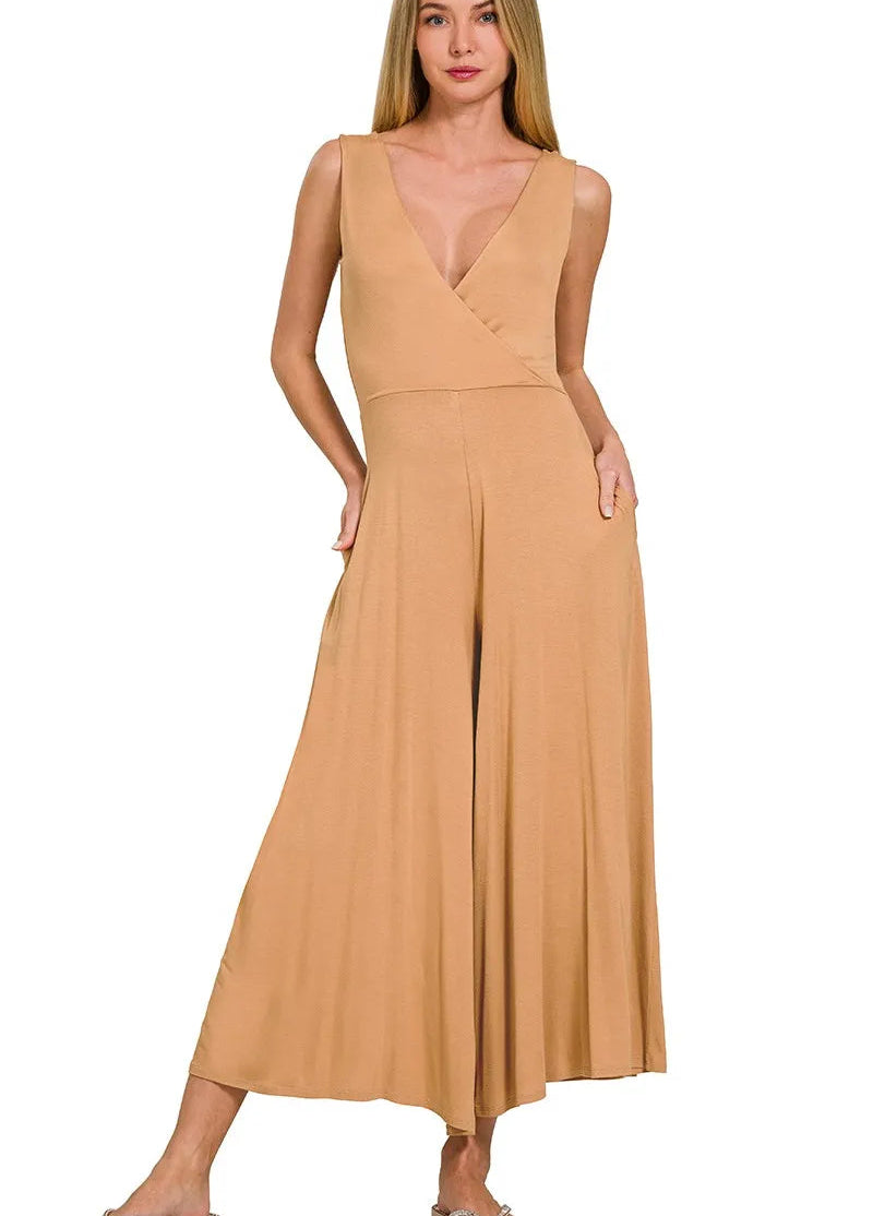 Zenana Sleeveless Jumpsuit Women’s Wide Leg Surplice Neckline One‑Piece Outfit - Styleinger