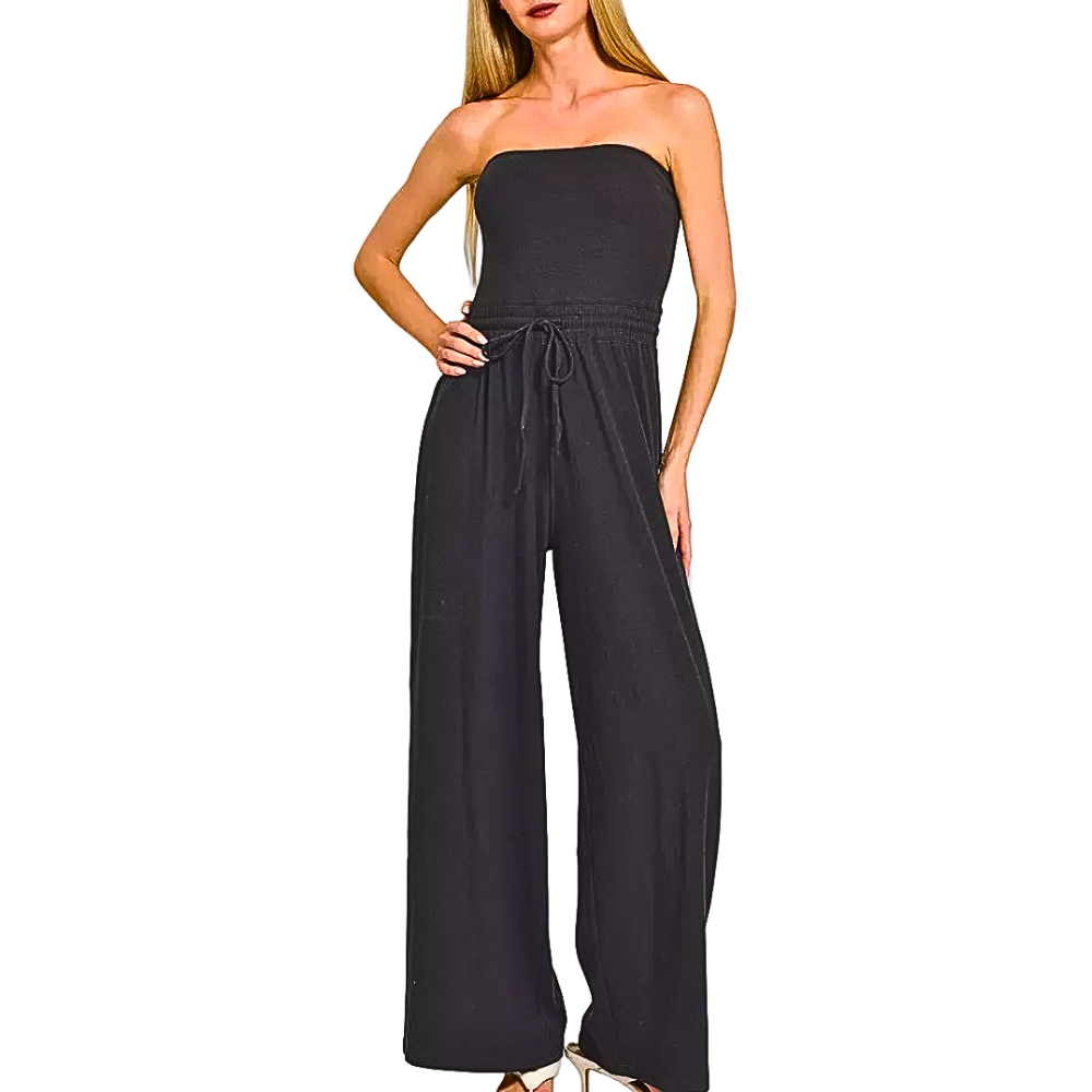 Zenana Strapless Jumpsuit Black Cotton Elastic Drawstring High Waisted Overall