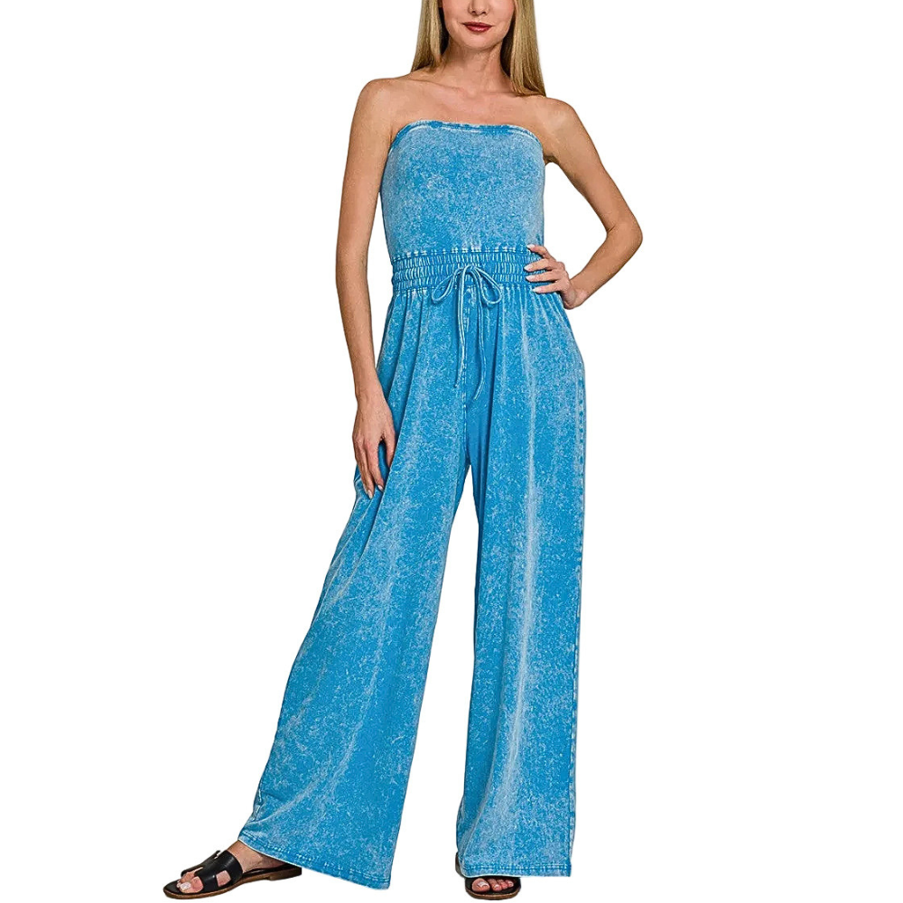 Zenana Strapless Jumpsuit Cotton Deep Sky Blue Acid Washed Drawstring Overall