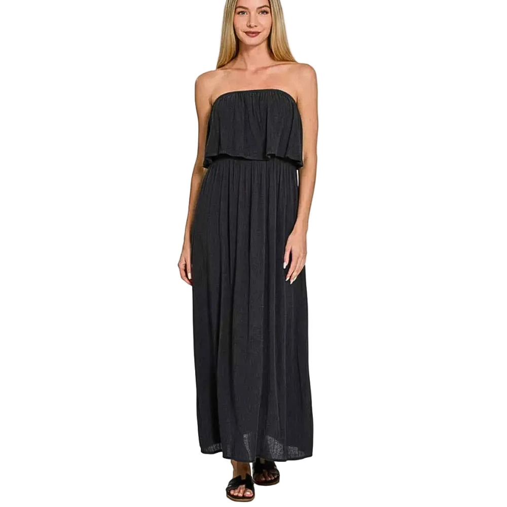 Zenana Strapless Maxi Dress Black Woven Crinkle Ruffled Loose Off Shoulder