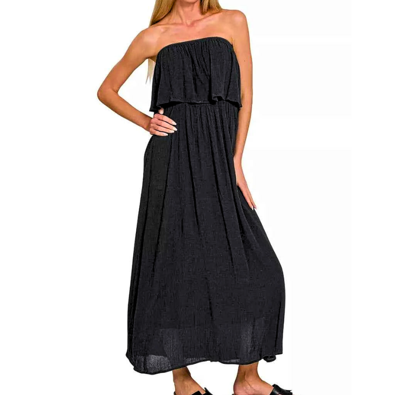Zenana Strapless Maxi Dress Black Woven Crinkle Ruffled Loose Off Shoulder